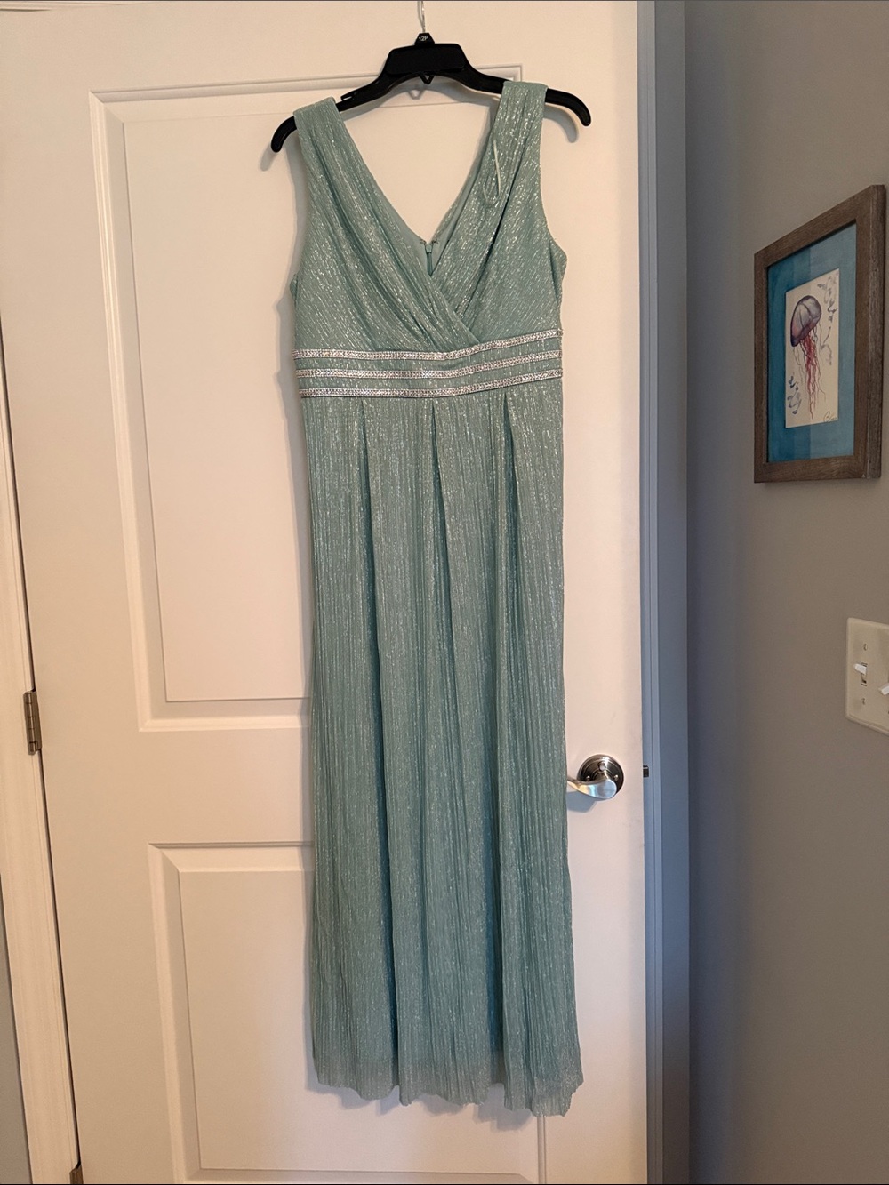 R&M Richards Mint Green Sleeveless Maxi Gown with Silver Waistbands